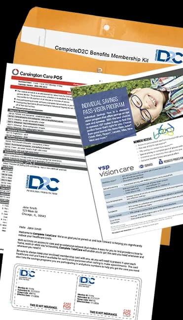 The CompleteD2C membership kit, including a welcome letter, ID card, and benefits guide